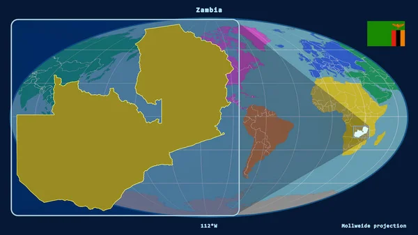 잠비아를 눈으로 개괄적 윤곽을 수있다 Mollweide Projection 지도에 반대하는 관점을 — 스톡 사진