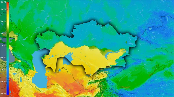 哈萨克斯坦地区内带有图例的立体投影中最暖四分之一的平均温度 深色发光轮廓光栅层的原始成分 — 图库照片