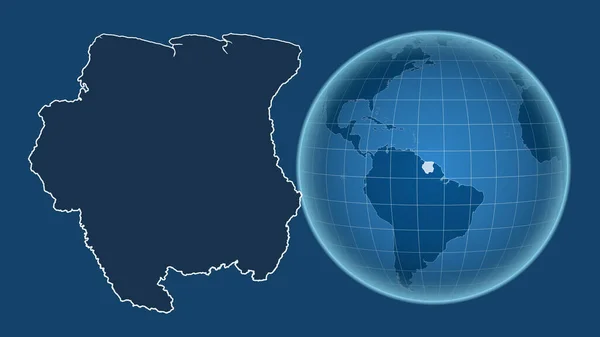 Surinam Globe Tvarem Země Proti Zvětšené Mapě Obrysem Izolovaným Modrém — Stock fotografie
