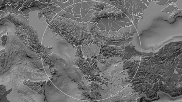 Poszerzony Obszar Macedonii Otoczony Okręgiem Tle Sąsiedztwa Dwupoziomowa Mapa Wysokości — Zdjęcie stockowe