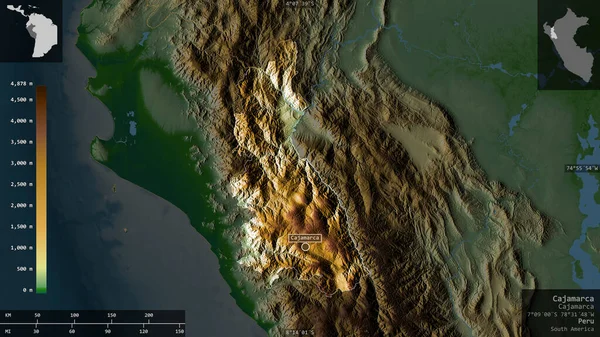 Cajamarca Región Del Perú Datos Sombreado Colores Con Lagos Ríos — Foto de Stock