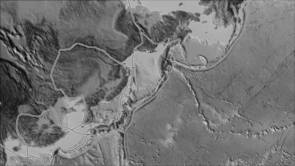 Tablice Tektoniczne Graniczą Mapą Obszarów Przylegających Płyty Okhotska Skali Szarości — Zdjęcie stockowe