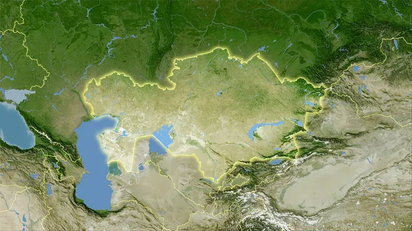 Kazakhstan area on the satellite B map in the stereographic projection - raw composition of raster layers with light glowing outline