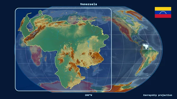 ベネズエラのアウトラインを視野線で拡大し カヴァライスキー予測の世界地図に対して 左側の形 地形図によると — ストック写真