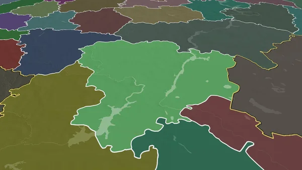 Volgograd - region of Russia zoomed and highlighted. Colored and bumped map of the administrative division. 3D rendering