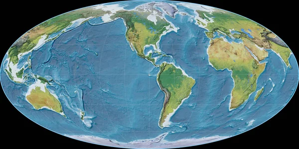 Světová Mapa Mollweidově Projekci Soustřeďuje Západní Délky Hlavní Fyziografické Krajinné — Stock fotografie