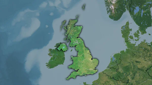 衛星Cマップ上の英国領域の立体投影 暗い輝線アウトラインとラスター層の生の組成 — ストック写真