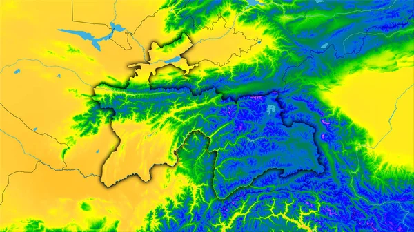 地理的投影における年間温度マップ上のタジキスタン領域 暗い輝く輪郭を持つラスター層の生の組成 — ストック写真