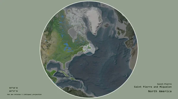 圣皮埃尔和密克隆地区 在该大陆的大比例尺地图上有一个圆圈 与绝望的背景相隔离 大写的地理推论和名称 卫星图像 — 图库照片