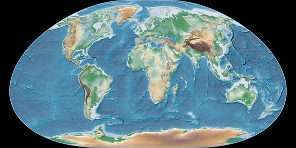 Světová Mapa Loximální Projekci Soustřeďuje Východní Délky Barevné Stínítko Výšková — Stock fotografie