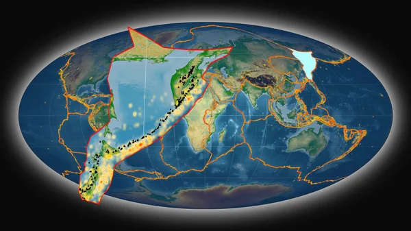 Okhotská Tektonická Deska Protáhla Prezentovala Proti Globální Barevné Fyzické Mapě — Stock fotografie