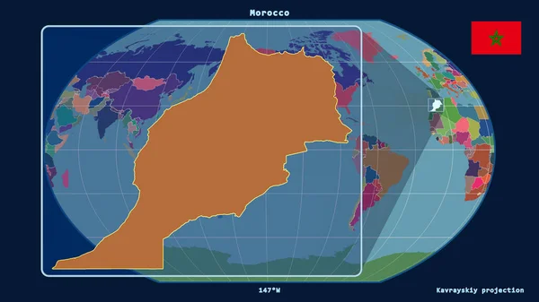 Zbliżenie Maroko Linią Perspektywiczną Stosunku Globalnej Mapy Projekcji Kavrayskiya Kształt — Zdjęcie stockowe