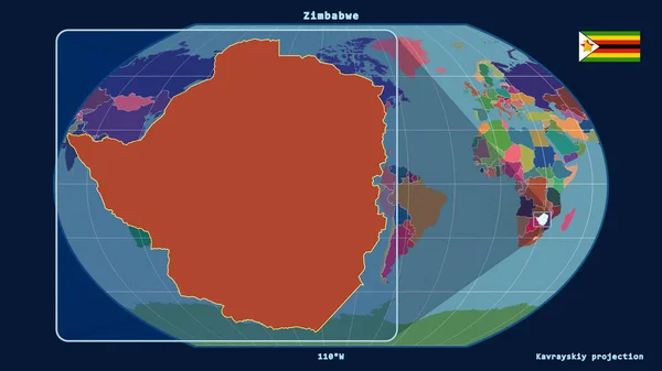 Zoomed Widok Zimbabwe Zarys Linii Perspektywy Wobec Globalnej Mapy Projekcji — Zdjęcie stockowe