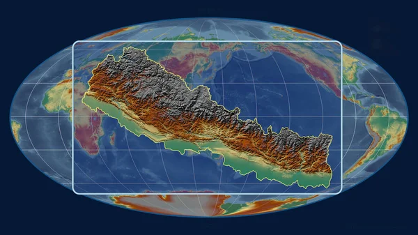 Přiblížený Pohled Nepál Perspektivními Liniemi Proti Globální Mapě Mollweidově Projekci — Stock fotografie