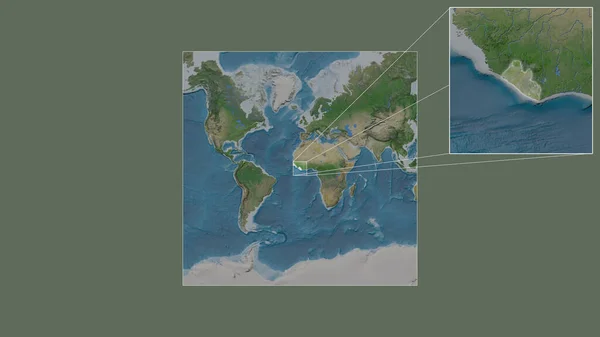 世界の大規模な地図から抽出されたリベリアの拡大 拡大された地域では フレームの隅を結ぶ主要線があります 衛星画像 — ストック写真