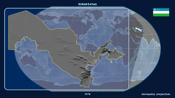 Zoomed-in view of Uzbekistan outline with perspective lines against a global map in the Kavrayskiy projection. Shape on the left side. grayscale elevation map