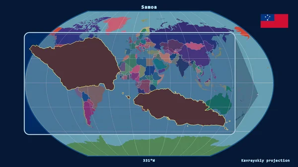 Kavrayskiy Projeksiyonundaki Küresel Bir Haritaya Karşı Perspektif Çizgileriyle Samoa Yakınlaştırılmış — Stok fotoğraf