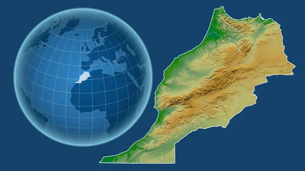 Maroko Globus Kształcie Kraju Powiększonej Mapie Odizolowanym Zarysem Niebieskim Tle — Zdjęcie stockowe