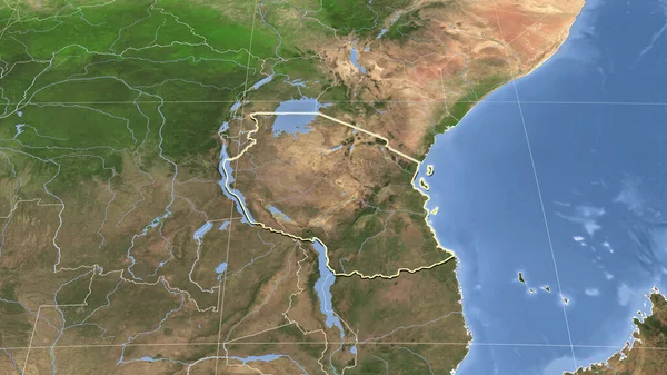 Tanzania Jej Okolice Daleka Perspektywa Ukośna Zarysowany Kształt Obrazy Satelitarne — Zdjęcie stockowe