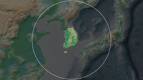 Enlarged area of South Korea surrounded by a circle on the background of its neighborhood. Color physical map