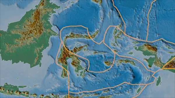Molucca海プレートエリアに隣接する地域の救済マップ上の構造プレートの境界 ヴァン グリンテンI予測 斜めの変換 — ストック写真