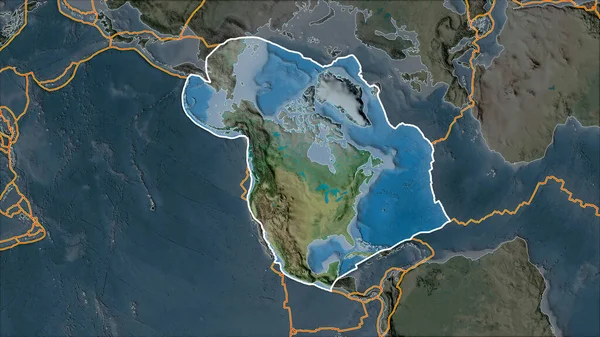 Placa Tectônica Norte Americana Delineada Mapa Topográfico Separada Por Dessaturação — Fotografia de Stock