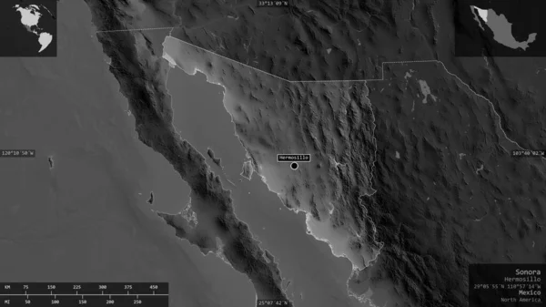 Sonora Estado México Mapa Escala Grises Con Lagos Ríos Forma — Foto de Stock