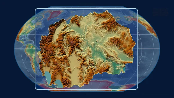 マケドニアのアウトラインを視野線で拡大し カヴァライスキーの投影における世界地図に対して 形を中心に 地形図によると — ストック写真