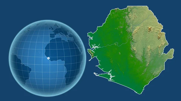 シエラレオネ 青い背景に孤立した輪郭を持つ拡大地図に対して 国の形をした球体 色物理図 — ストック写真