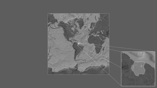 苏里南扩大和扩大的地区是从世界大比例尺地图中提取出来的 其主要线连接了框架的各个角落 Bilevel高地图 — 图库照片