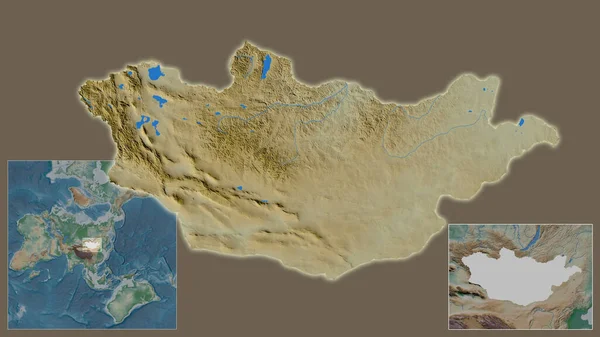 Detailní Záběr Mongolska Jeho Umístění Regionu Středu Rozsáhlé Mapy Světa — Stock fotografie