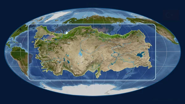 在Mollweide投影中 用透视线将土耳其的轮廓与全球地图对齐 形体中心 卫星图像 — 图库照片