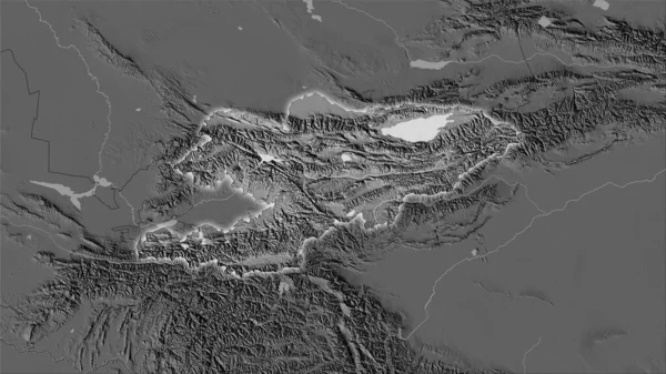 ステレオグラフィック投影の二階の標高マップ上のキルギス地域 光輝く輪郭とラスター層の生の組成 — ストック写真