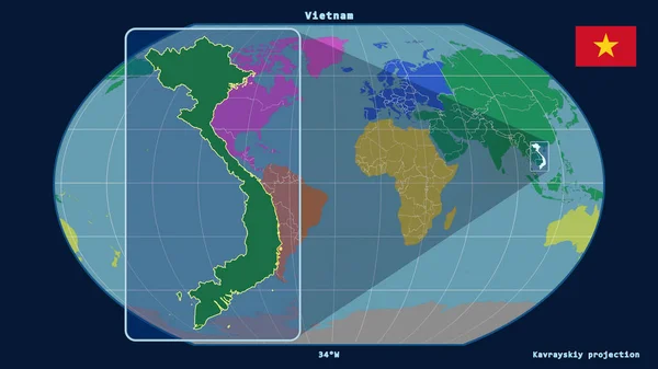 Zoomed Widok Wietnamu Zarys Linii Perspektywy Wobec Globalnej Mapy Projekcji — Zdjęcie stockowe