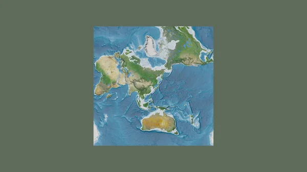北朝鮮の領土を中心とした斜めのヴァン グリンテン投影で世界の大規模な地図の正方形のフレーム 衛星画像 — ストック写真