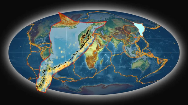 Okhotská Tektonická Deska Protáhla Prezentovala Proti Globální Topografické Reliéfní Mapě — Stock fotografie