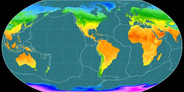 鲁宾逊投影中的世界地图以西经90度为中心 年平均温度图 具有满意和构造板块边界的栅格组合 3D插图 — 图库照片