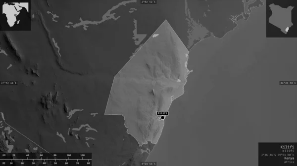 Килифи Округ Кения Карта Масштабе Grayscaled Лаками Риверами Форма Представленная — стоковое фото