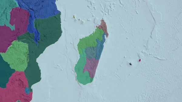 马达加斯加变焦了 成为了邻居 绘制了行政区划的彩色和凸起的地图 3D渲染 — 图库照片