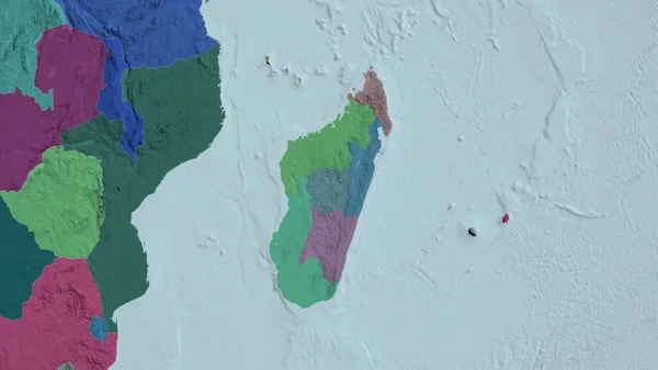 Madagascar zoomed and neighborhood. Colored and bumped map of the administrative division. 3D rendering