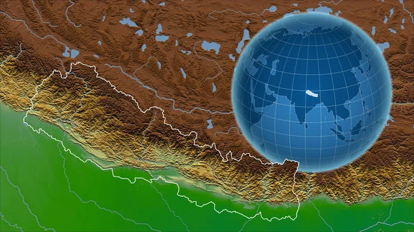 Nepál Globe Tvarem Země Proti Zvětšené Mapě Jeho Obrysem Barevná — Stock fotografie