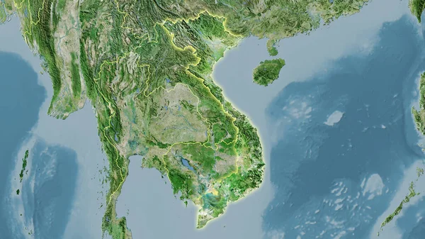 Stereografik Projeksiyondaki Uydusundaki Vietnam Bölgesi Işık Saçan Ana Hatlı Raster — Stok fotoğraf