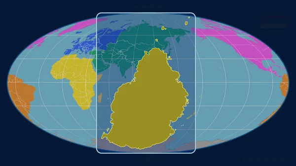 Mollweide Projekcióban Egy Globális Térképre Ráközelített Mauritius Körvonalra Alakzat Központú — Stock Fotó