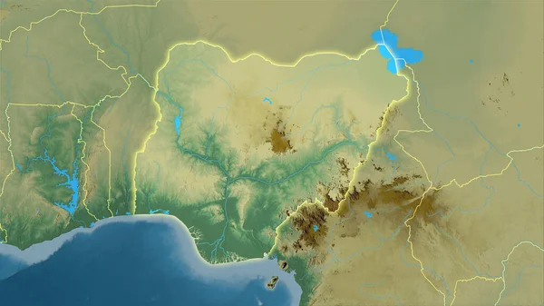 立体投影地形图上的尼日利亚地区 有发光轮廓的栅格层的原始组成 — 图库照片