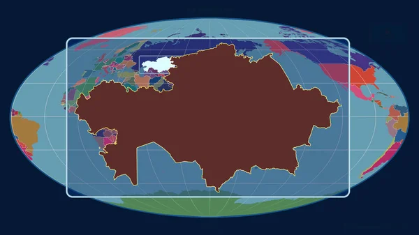 Увеличенный Виду Казахстана Очертания Перспективными Линиями Против Глобальной Карты Проекции — стоковое фото