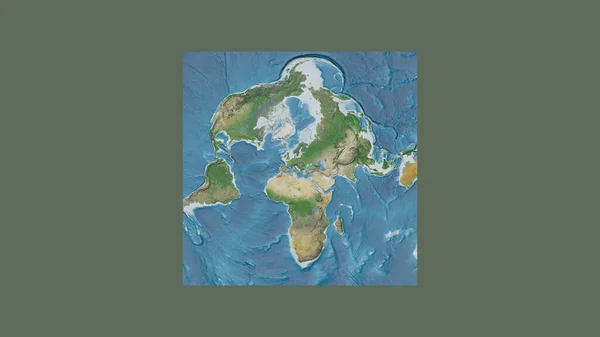 Square frame of the large-scale map of the world in an oblique Van der Grinten projection centered on the territory of Montenegro. Satellite imagery