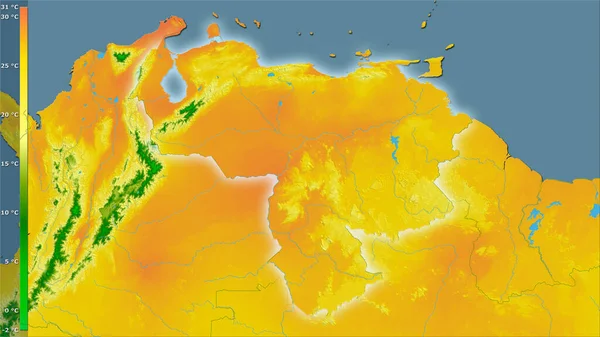 伝説のある立体投影のベネズエラ地域内で最も暖かい四半期の平均気温 光輝く輪郭を持つラスター層の生の組成 — ストック写真