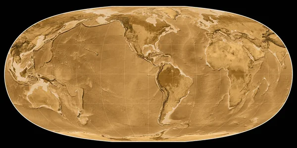 Mcbryde Thomas投影中的世界地图以西经90度为中心 塞皮亚着色的高程图 光栅与满意的原始复合材料 3D插图 — 图库照片