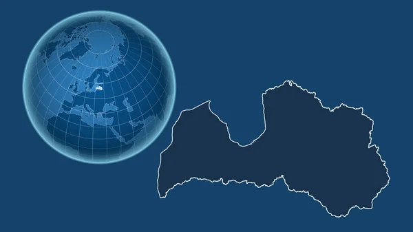 Латвия Глобус Формой Страны Фоне Увеличенной Карты Контуром Выделенным Синем — стоковое фото