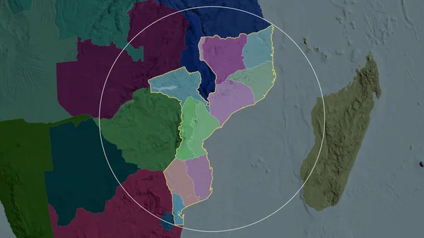 Mozambique zoomed and circled. Colored and bumped map of the administrative division. 3D rendering